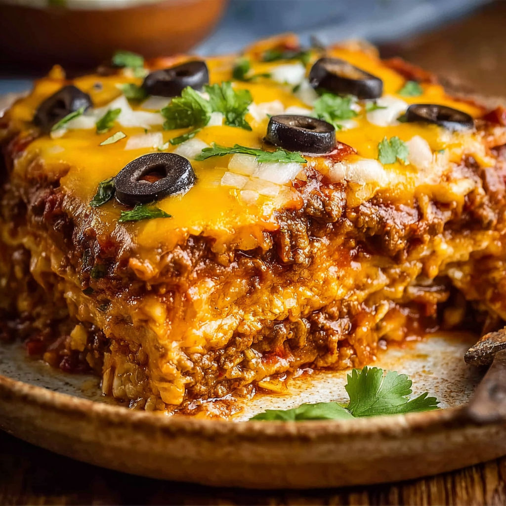 A beef enchilada casserole with olives and cheese on top.