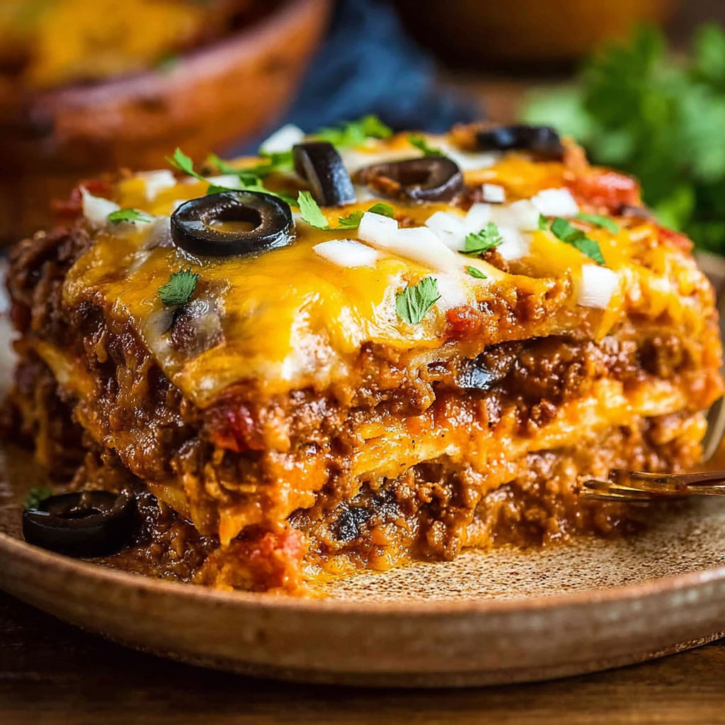 A beef enchilada casserole with olives and cheese on top.