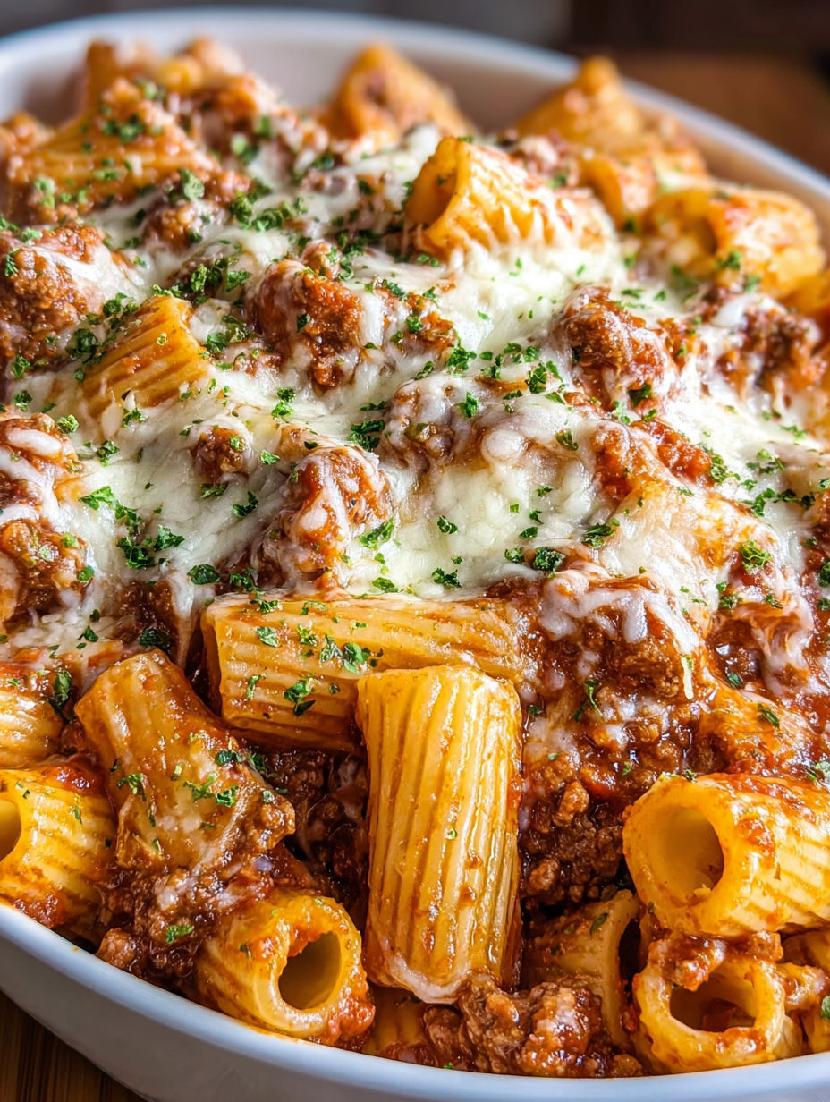 A delicious cheesy beef rigatoni bake.