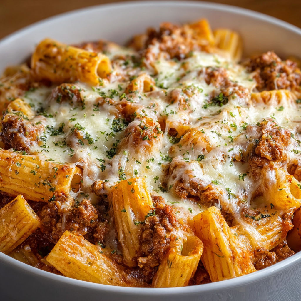 A bowl of pasta with meat and cheese.
