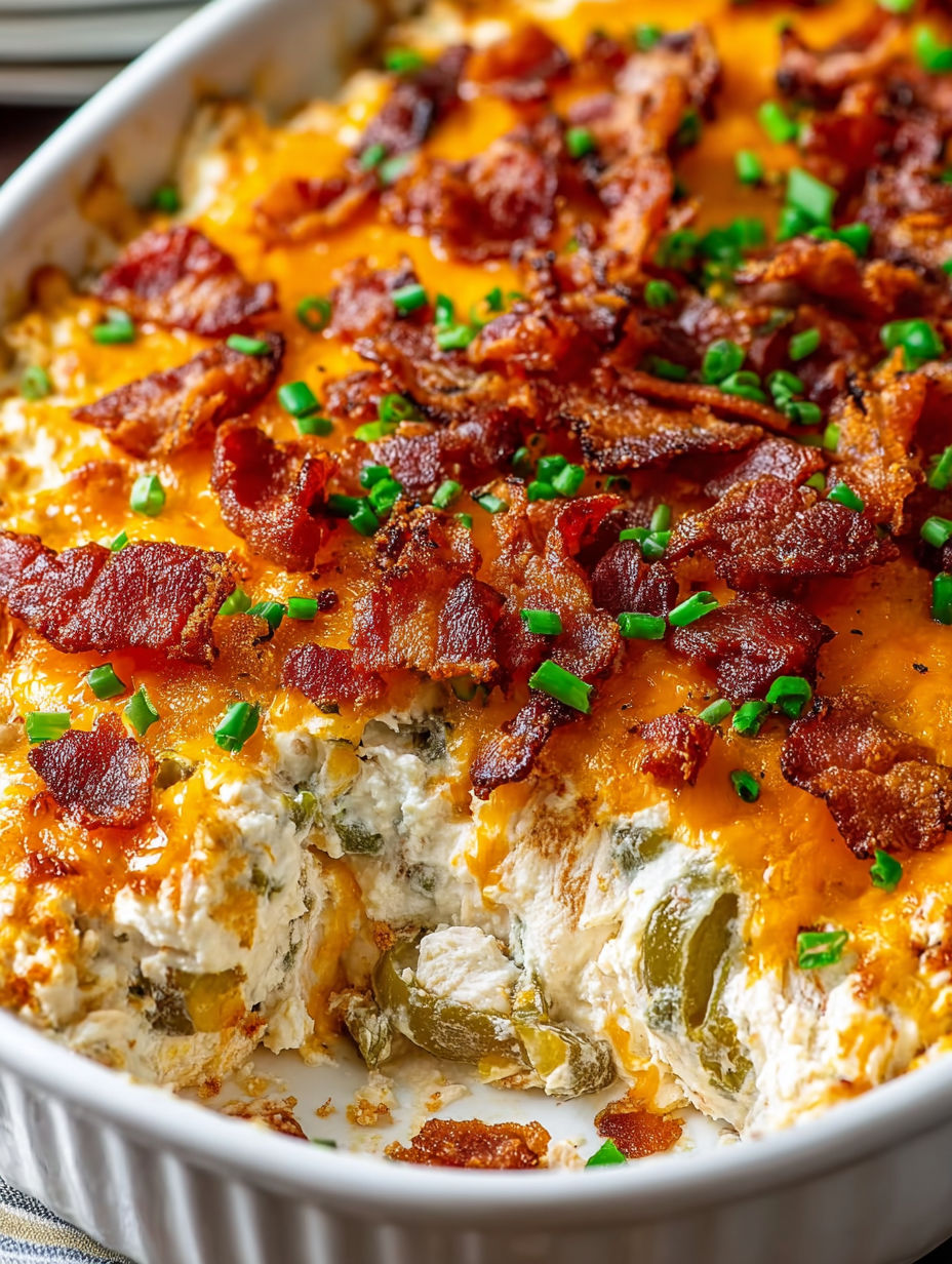 A close up of a delicious jalapeno popper chicken casserole.