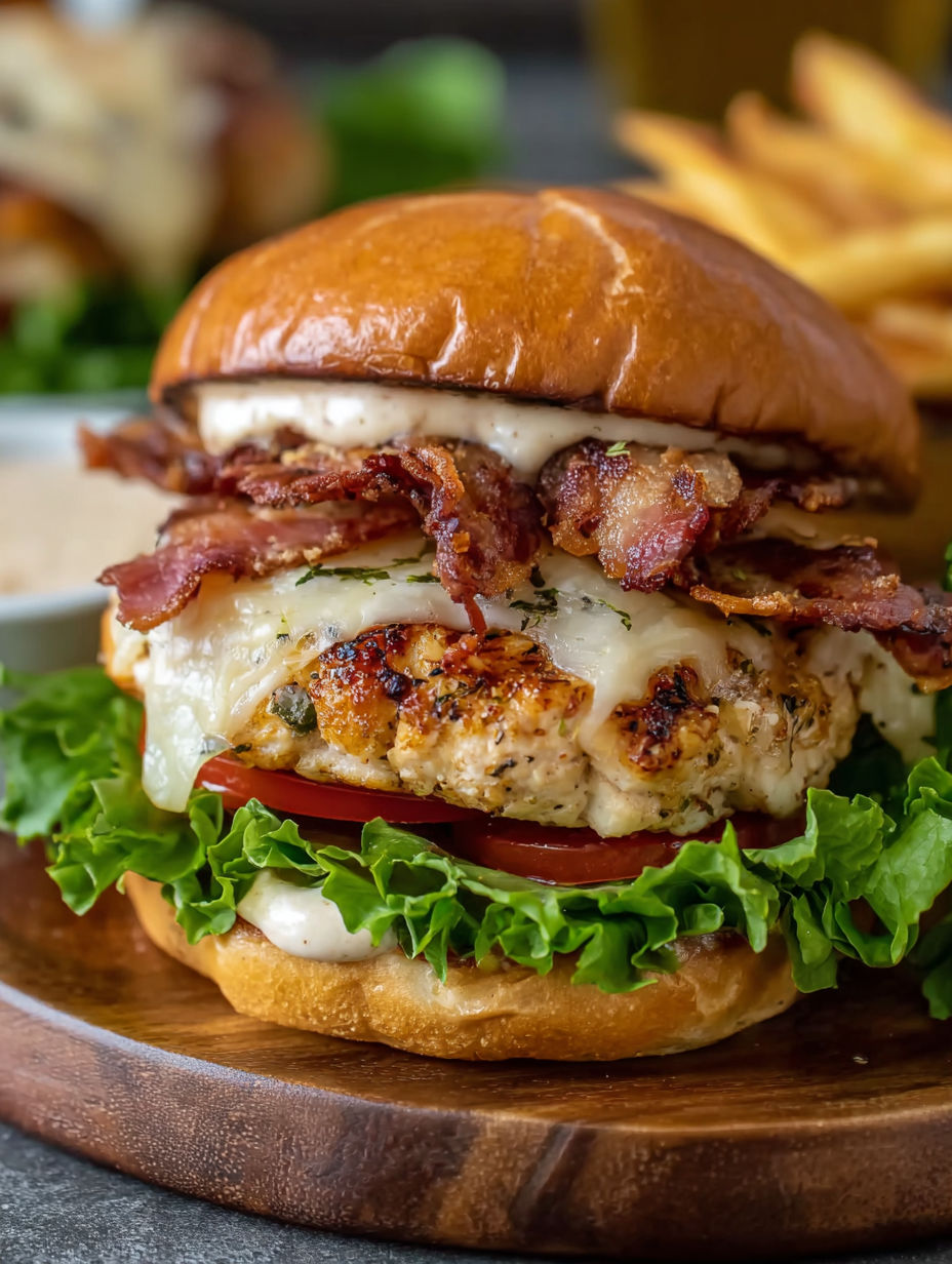 A Crack Chicken Burger Rezept is displayed on a wooden table.