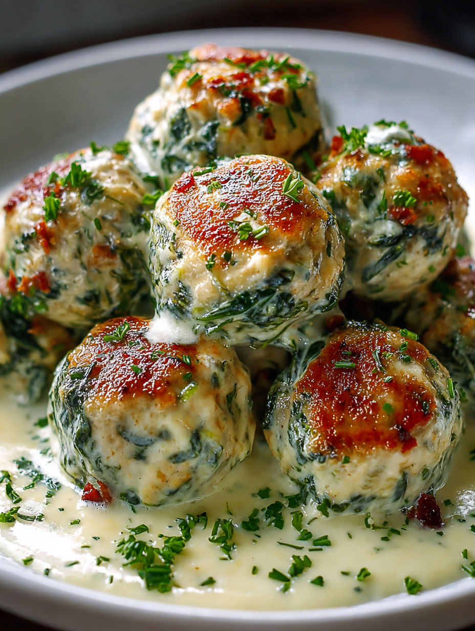 Meatballs covered in Alfredo sauce.