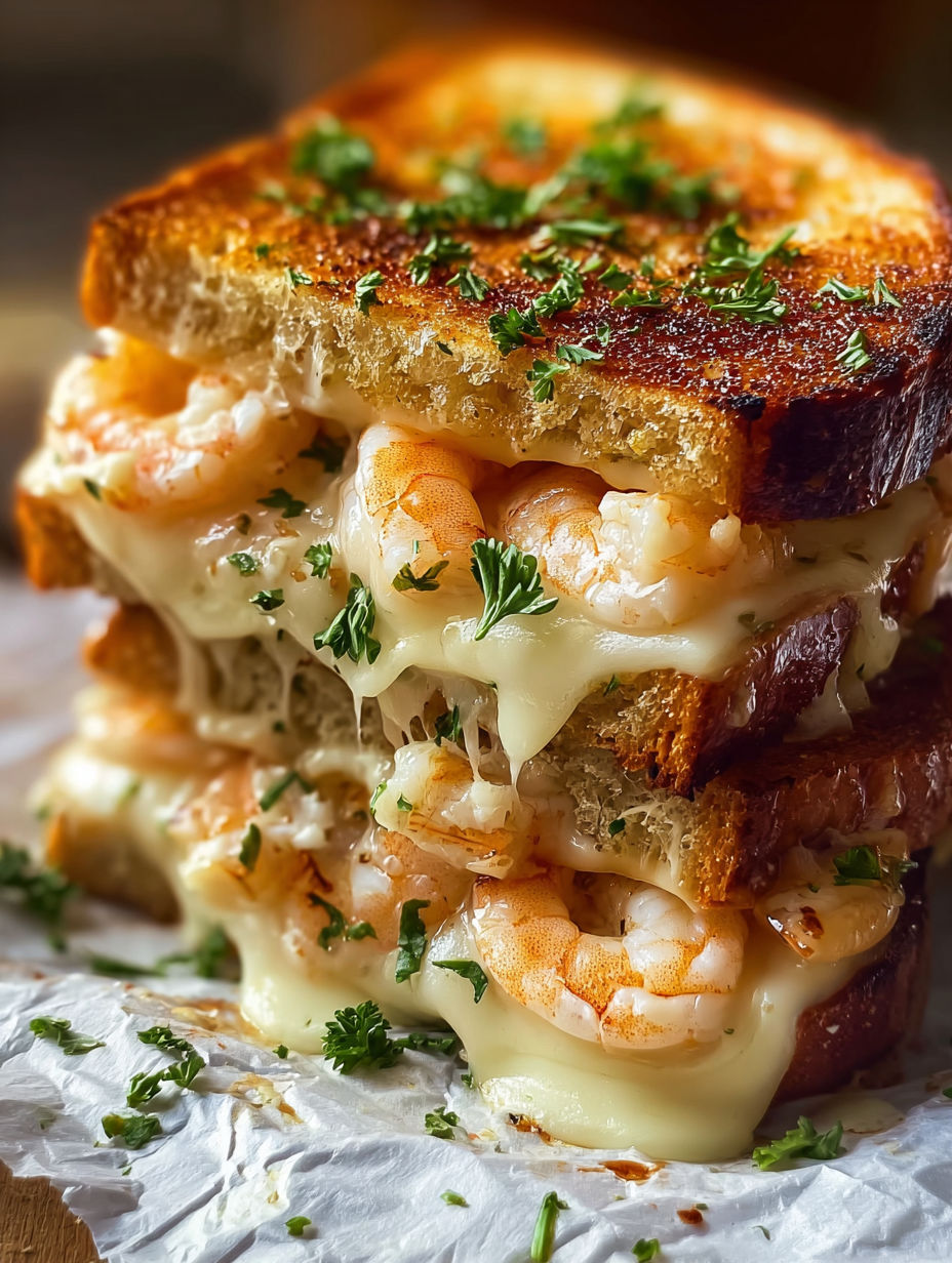 A stack of grilled cheese sandwiches with shrimp on top.