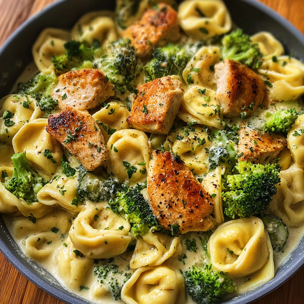 A bowl of garlic Parmesan chicken tortellini.