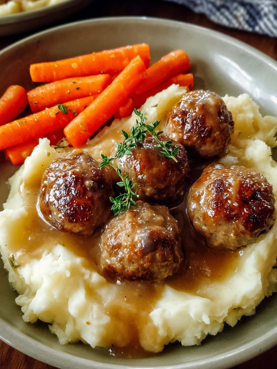 A plate of meatballs and mashed potatoes.