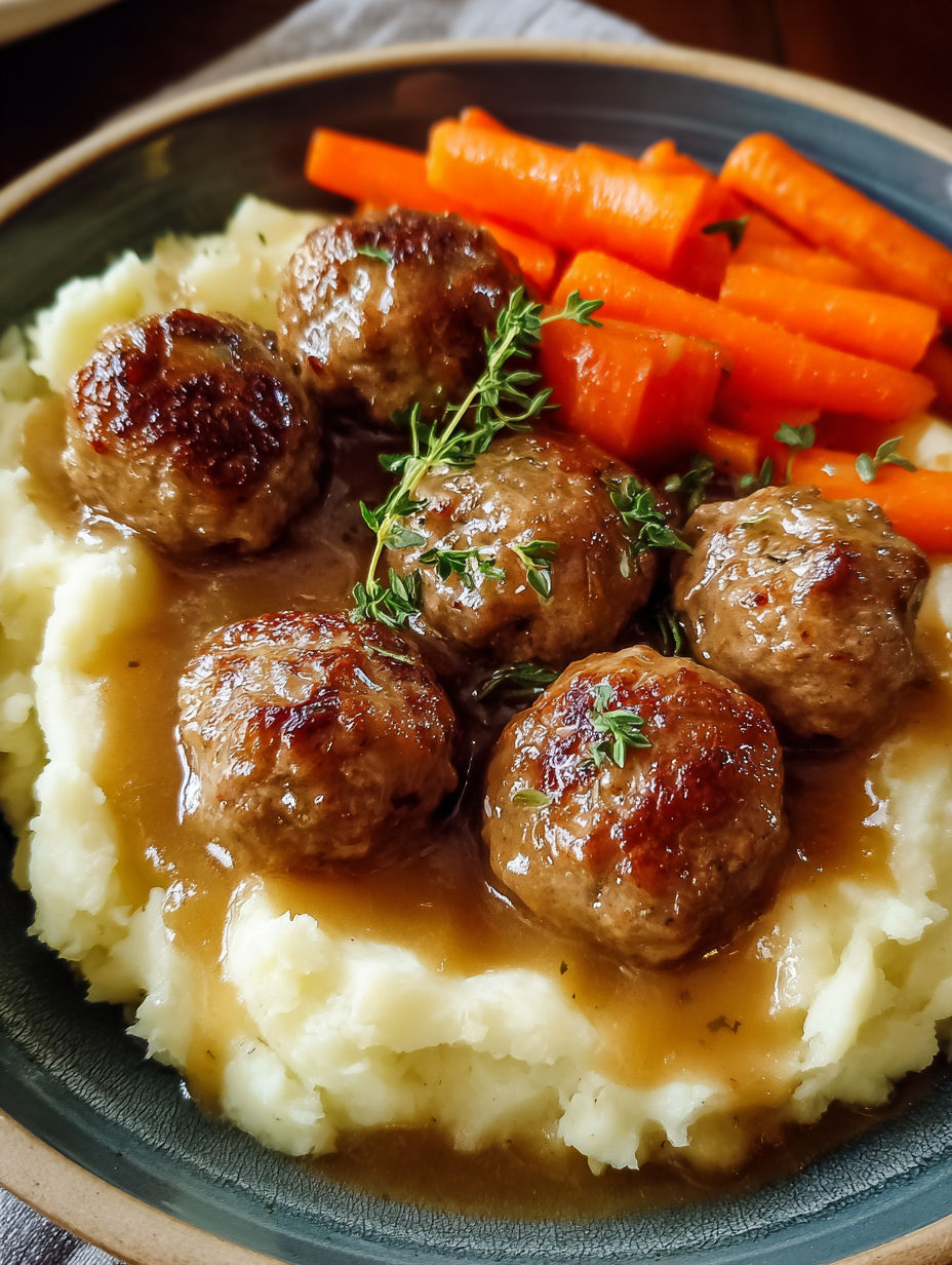 A plate of mashed potatoes with meatballs on top.