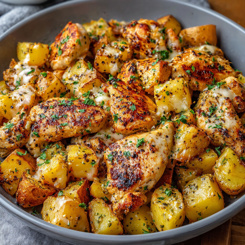 A bowl of chicken and potatoes with garlic and Parmesan cheese.