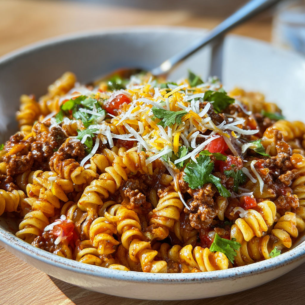 A bowl of pasta with meat and cheese.