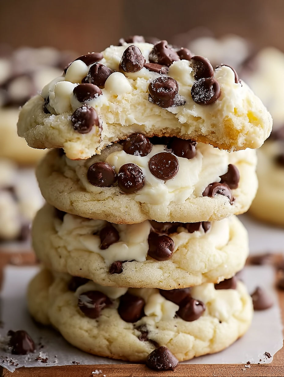 A stack of chocolate chip cheesecake cookies.