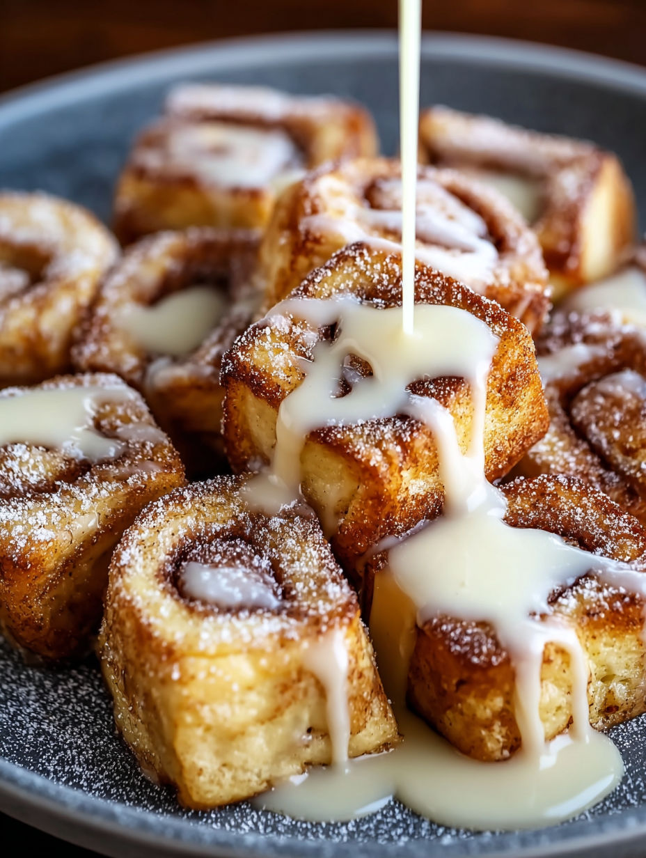 French toast bites with cinnamon roll topping.