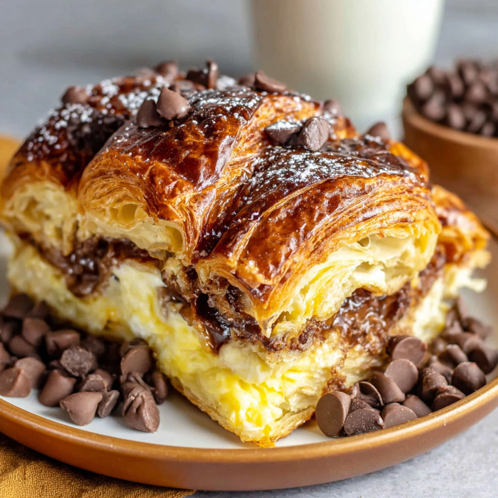 A chocolate croissant breakfast bake with chocolate chips on top.