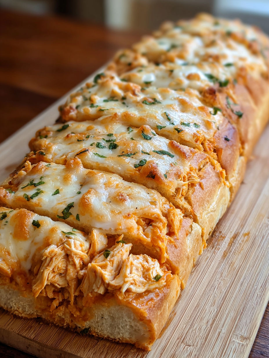A slice of buffalo chicken bread on a wooden cutting board.