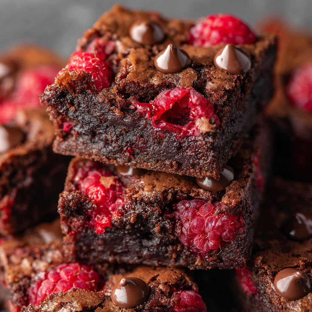 A close up of a chocolate brownie with raspberries on top.