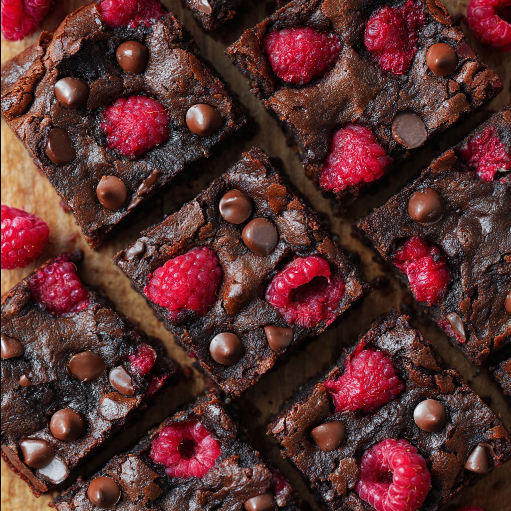 A close up of a chocolate brownie with raspberries on top.