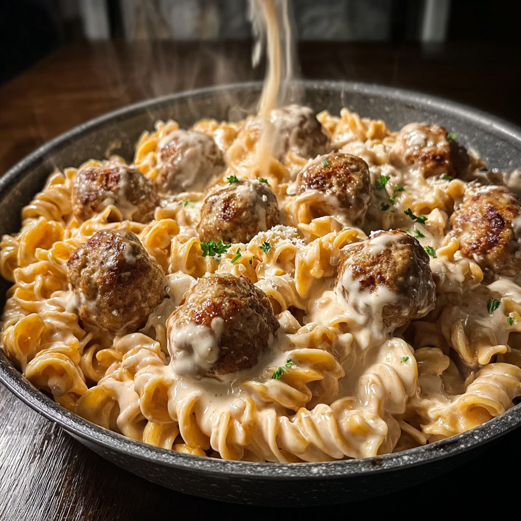 A plate of pasta with meatballs and cheese.
