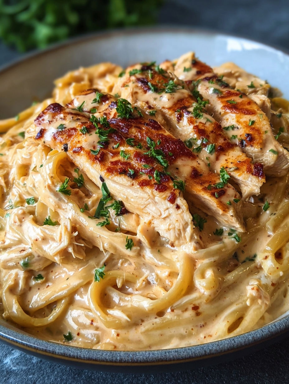 A plate of creamy cheddar BBQ ranch chicken alfredo.