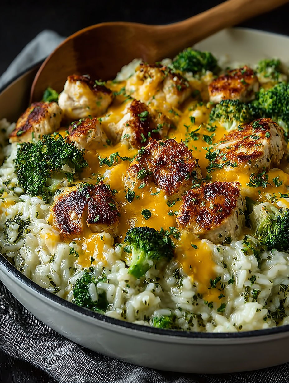 A delicious one pan chicken, broccoli and rice casserole.