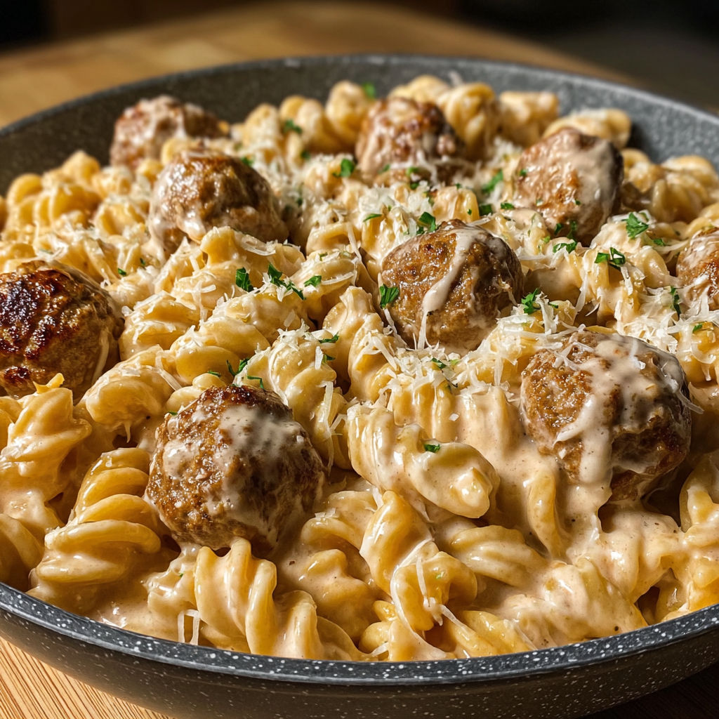 A plate of pasta with meatballs and cheese.