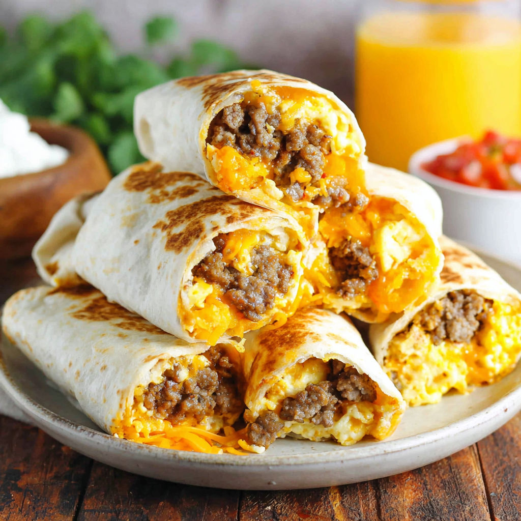 A stack of loaded breakfast burritos.
