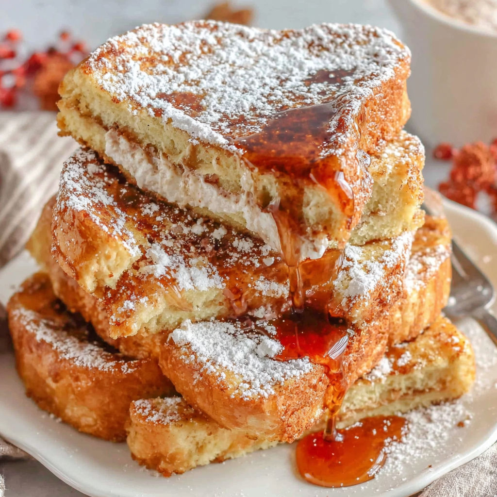 A stack of fluffy French toast with syrup drizzled on top.