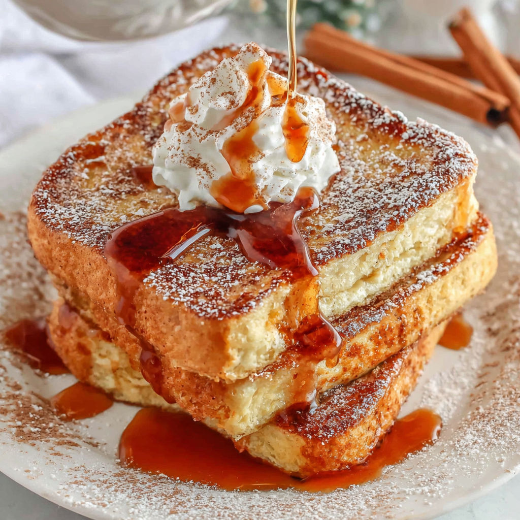 French toast with syrup and whipped cream.