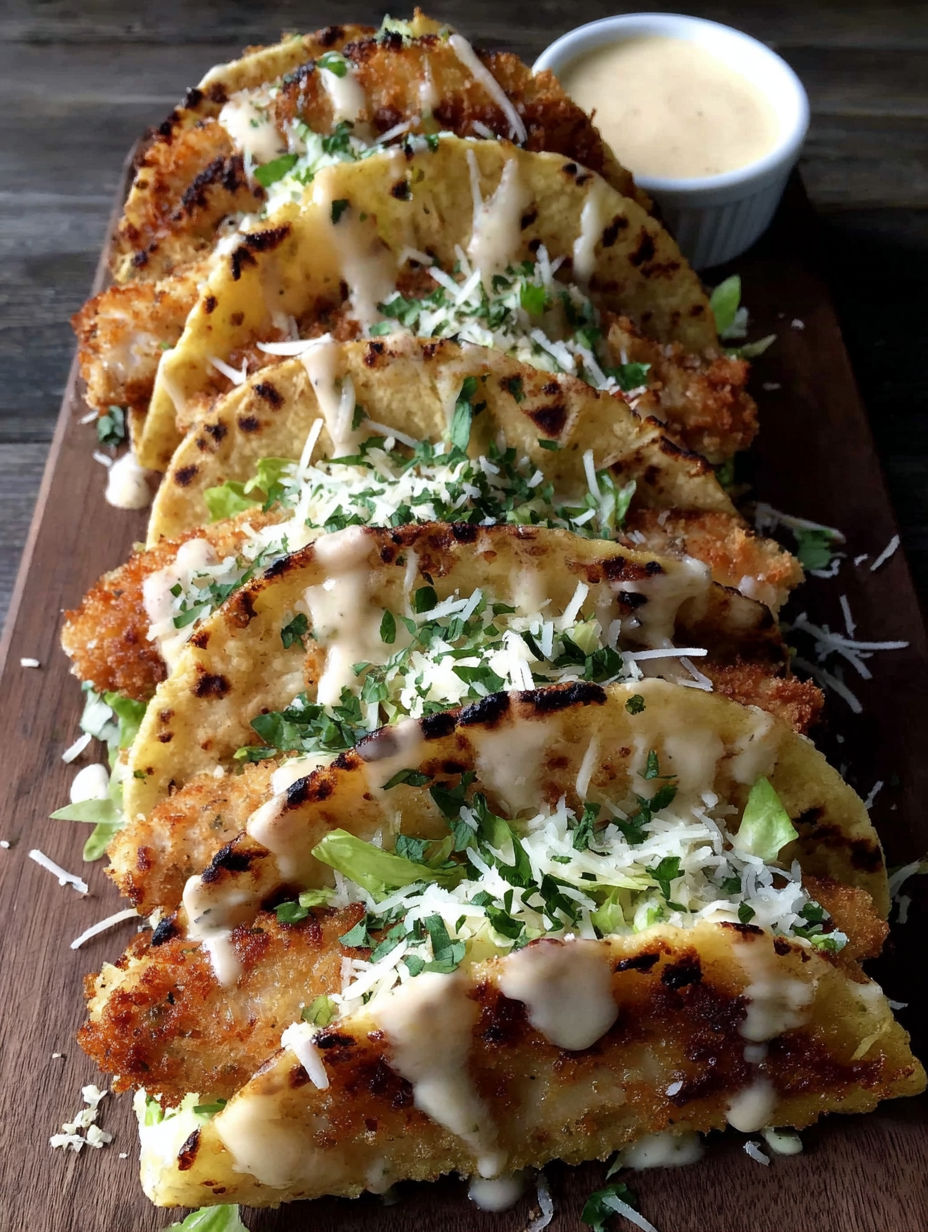 Crispy chicken alfredo tacos on a wooden board.