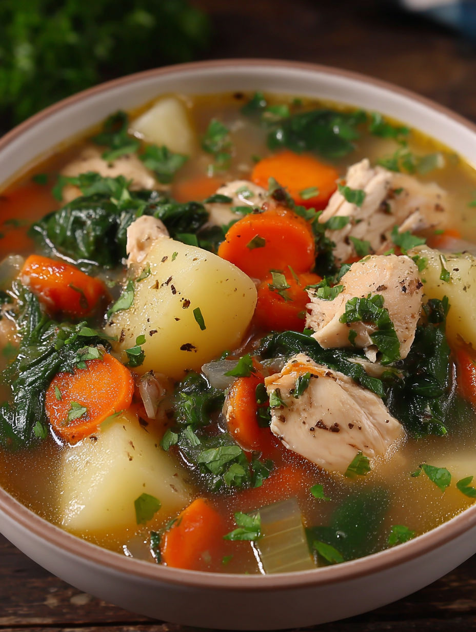 A bowl of soup with chicken, carrots, and greens.