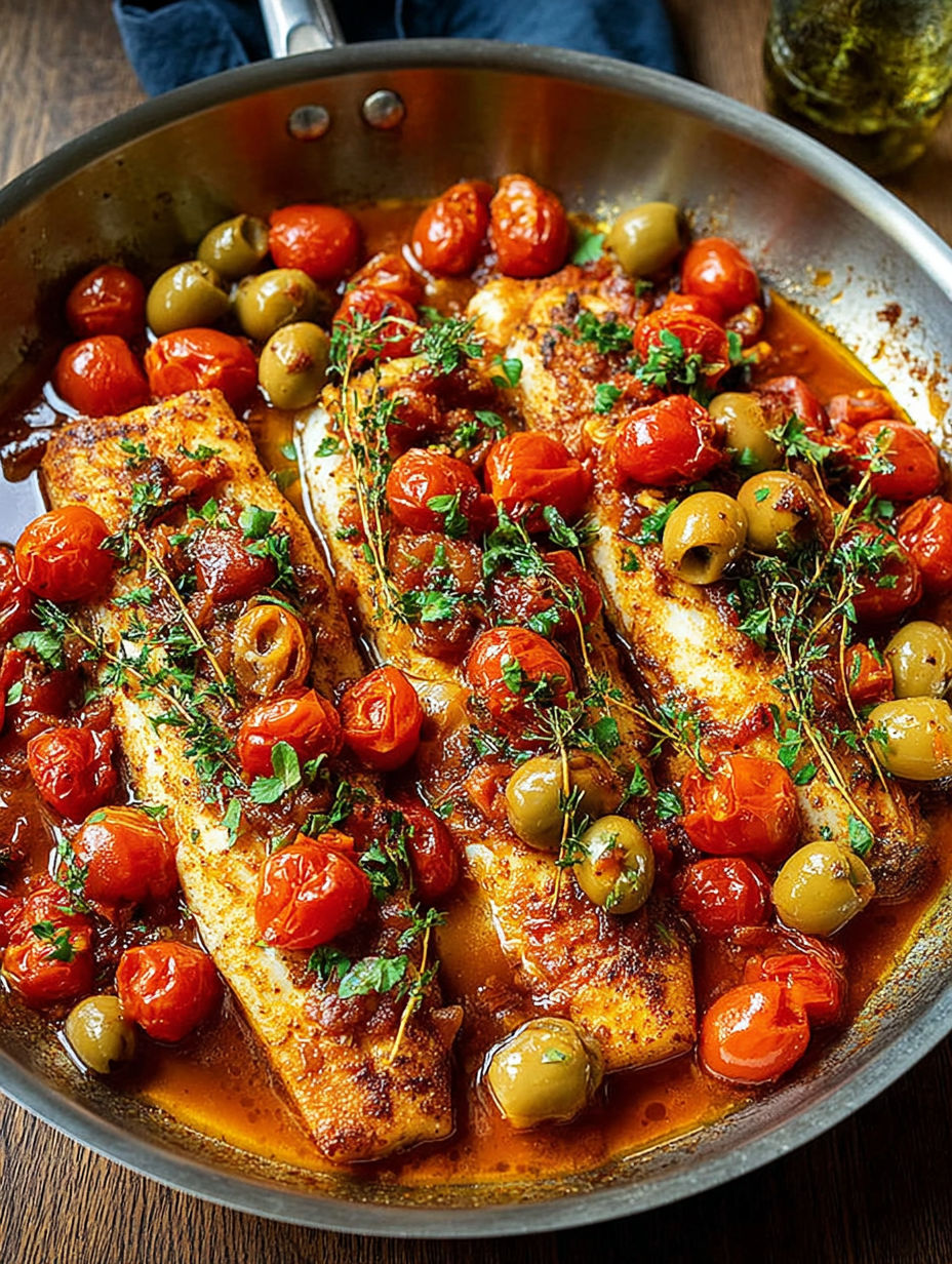 Baked fish with cherry tomatoes and olives.