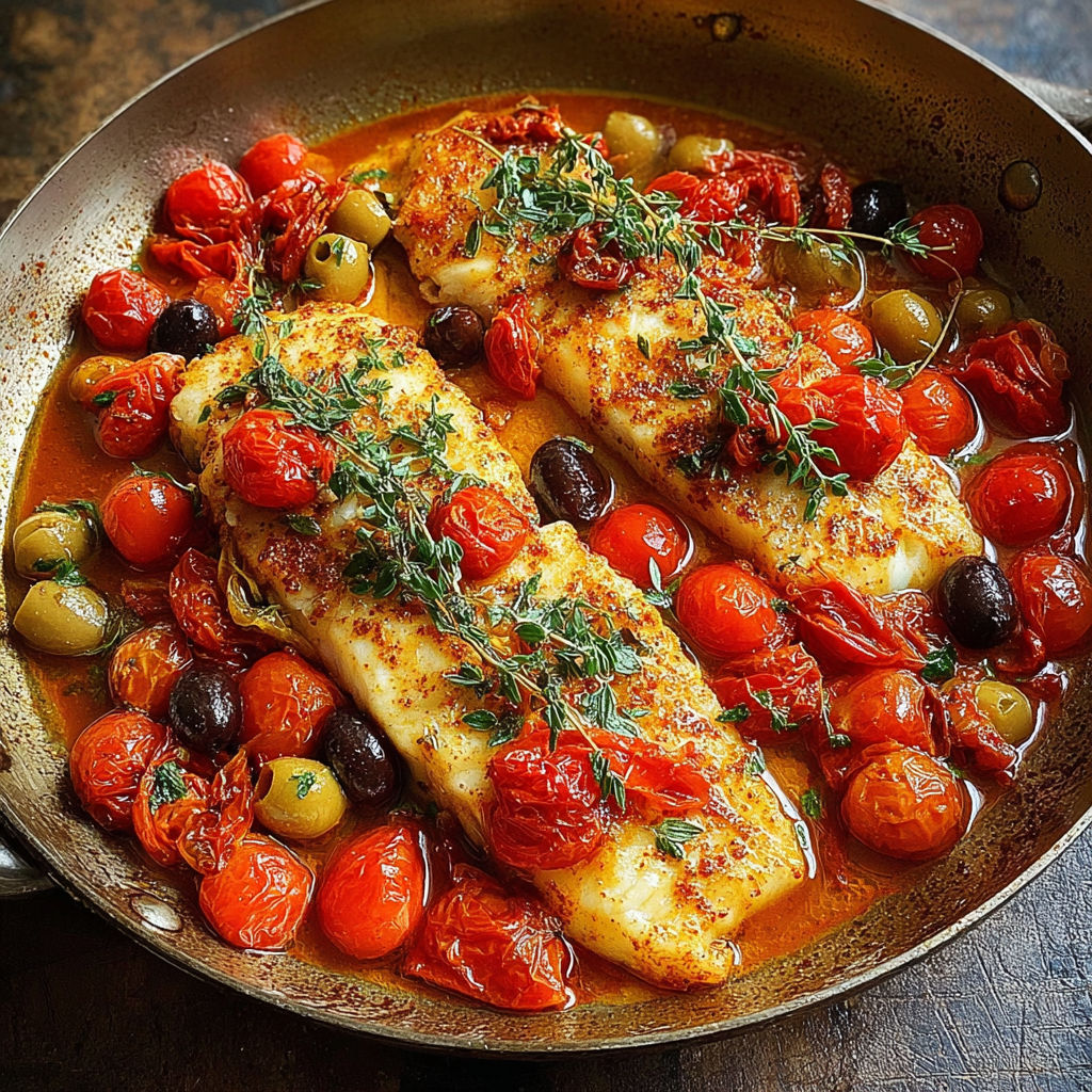 A pan of fish with tomatoes and olives.