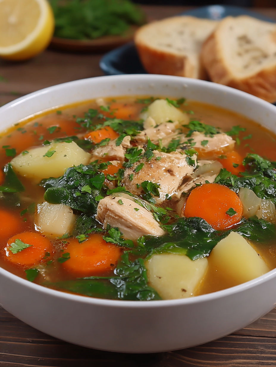 A bowl of soup with chicken and vegetables.