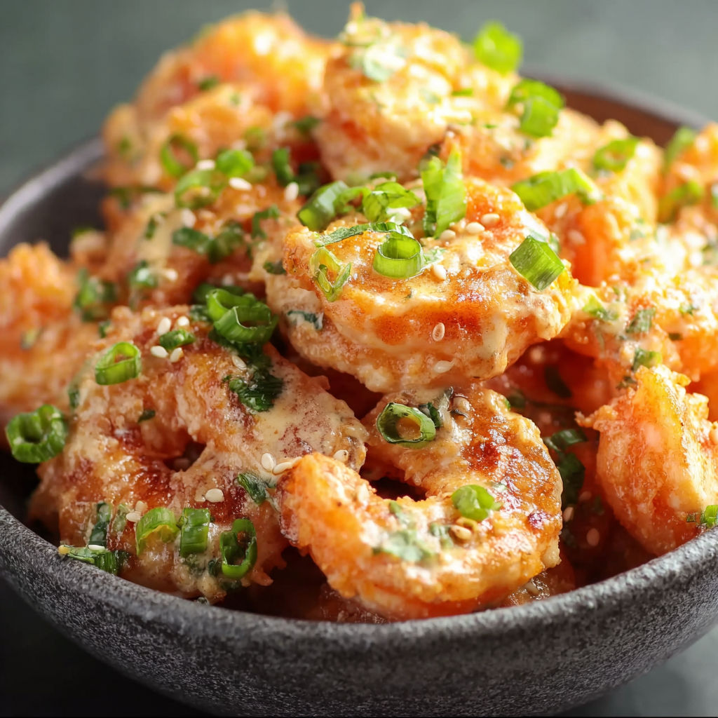 A bowl of shrimp with a green garnish.
