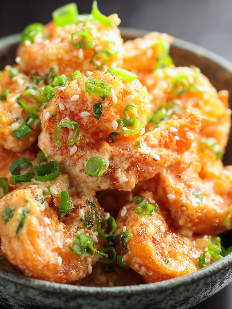 A bowl of shrimp with green onions and sesame seeds.