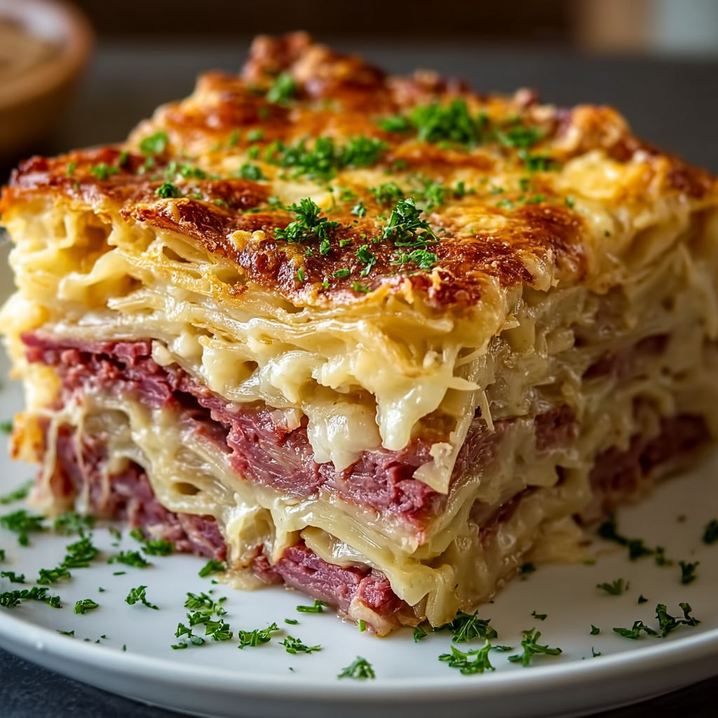 A homemade Reuben bake on a plate.