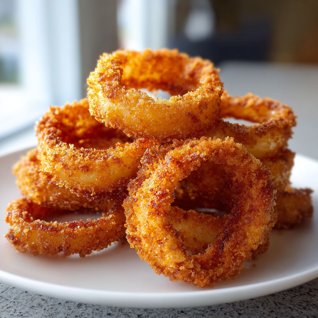 A plate of crispy air fryer onion rings.