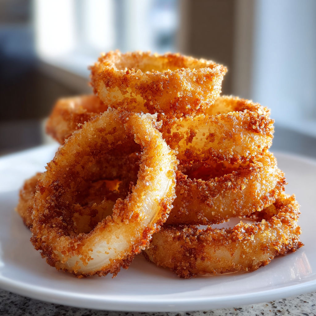 A plate of crispy air fryer onion rings with a side of easy ranch dip.