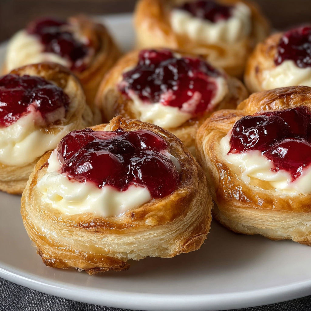 A plate of pastries with cherries on top.