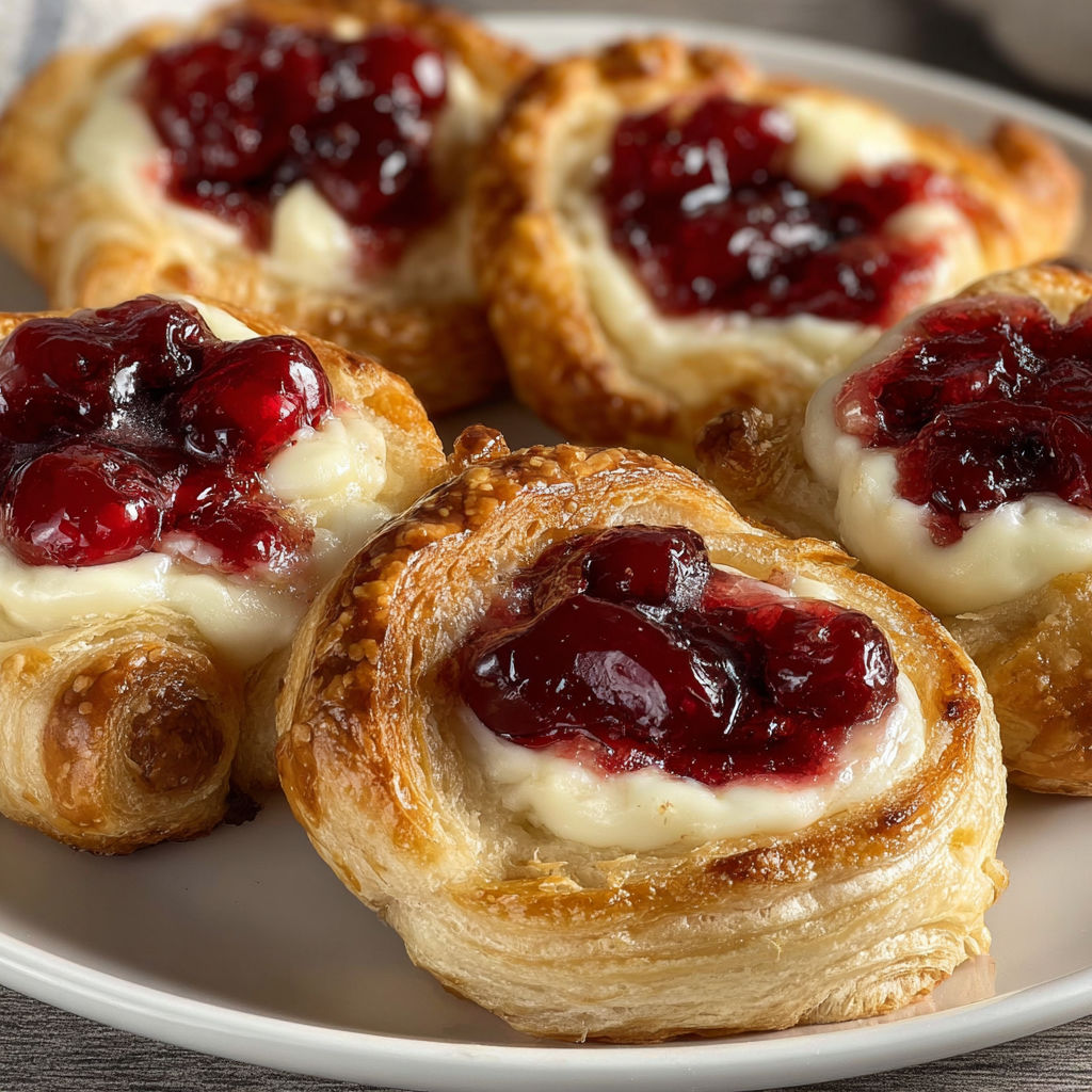 A plate of Danish pastries with cherries.