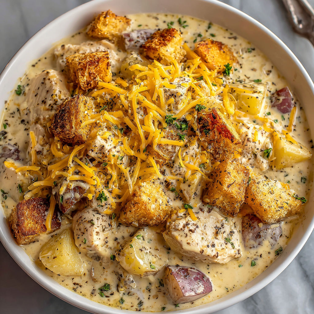 A bowl of chicken and potatoes.