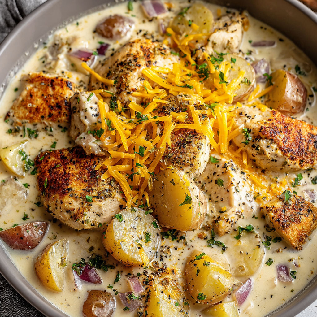 A bowl of chicken and potatoes with cheese and garlic.