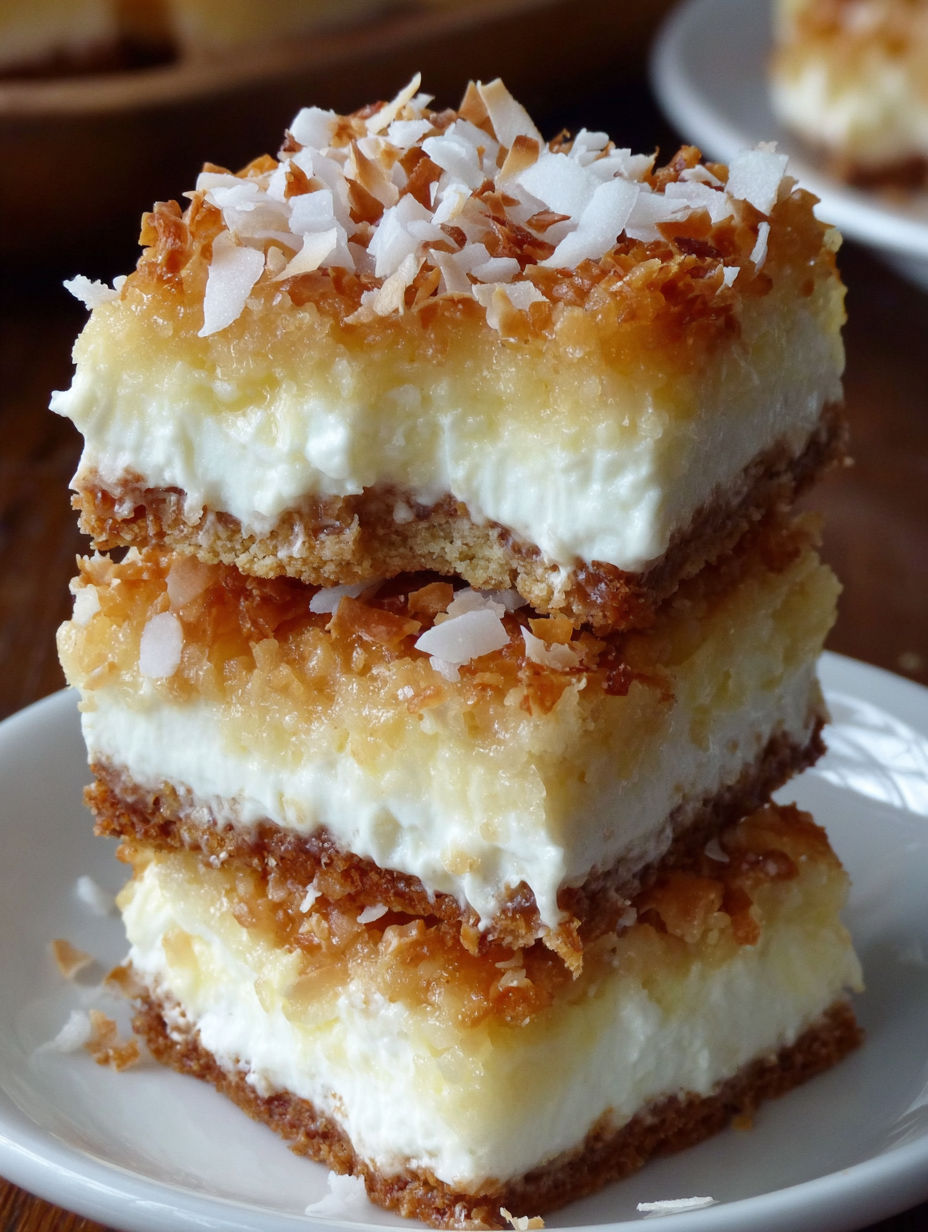 Three layers of coconut cream pie bars.