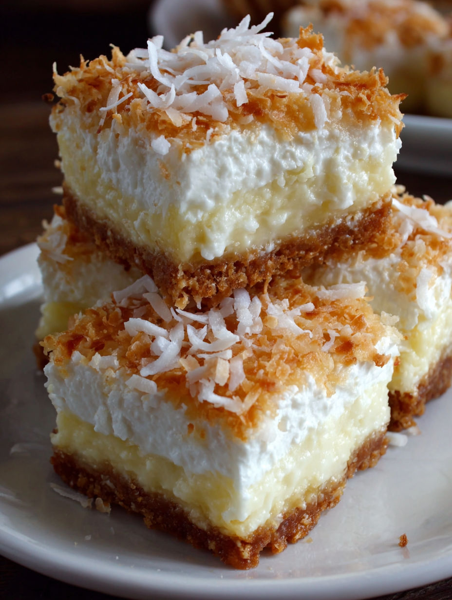 A stack of coconut cream pie bars.