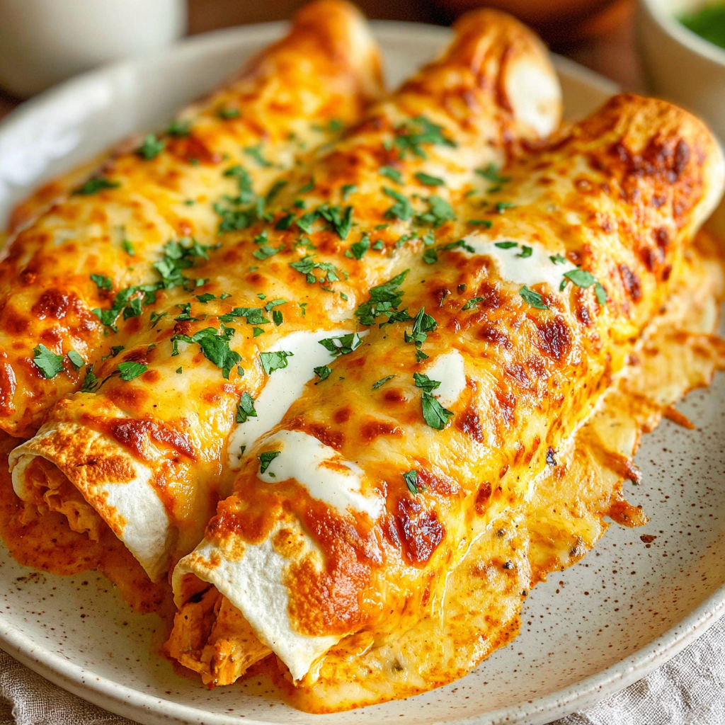A plate of food with a creamy chili chicken enchilada.