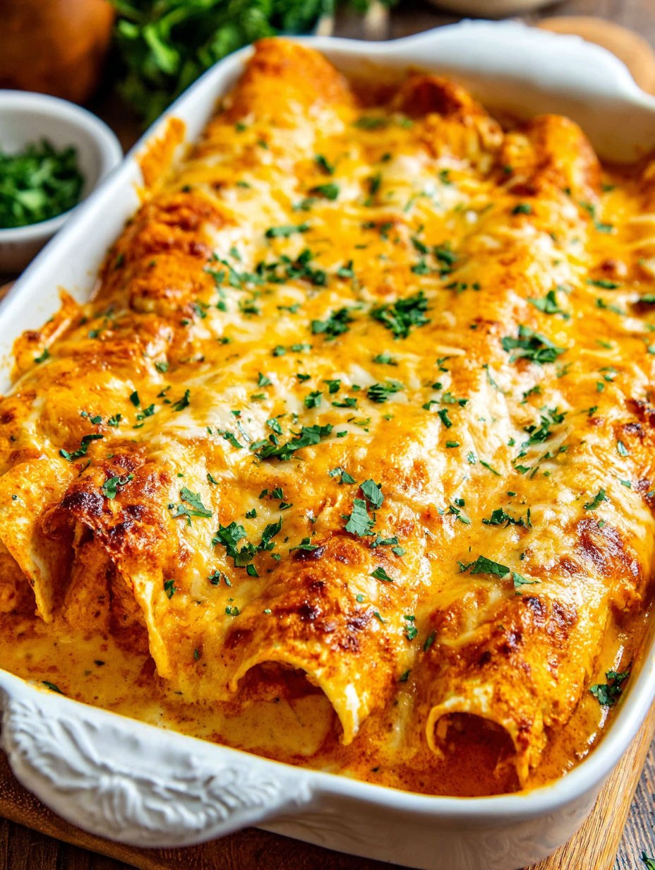 A dish of chicken enchiladas with cheese and green onions.
