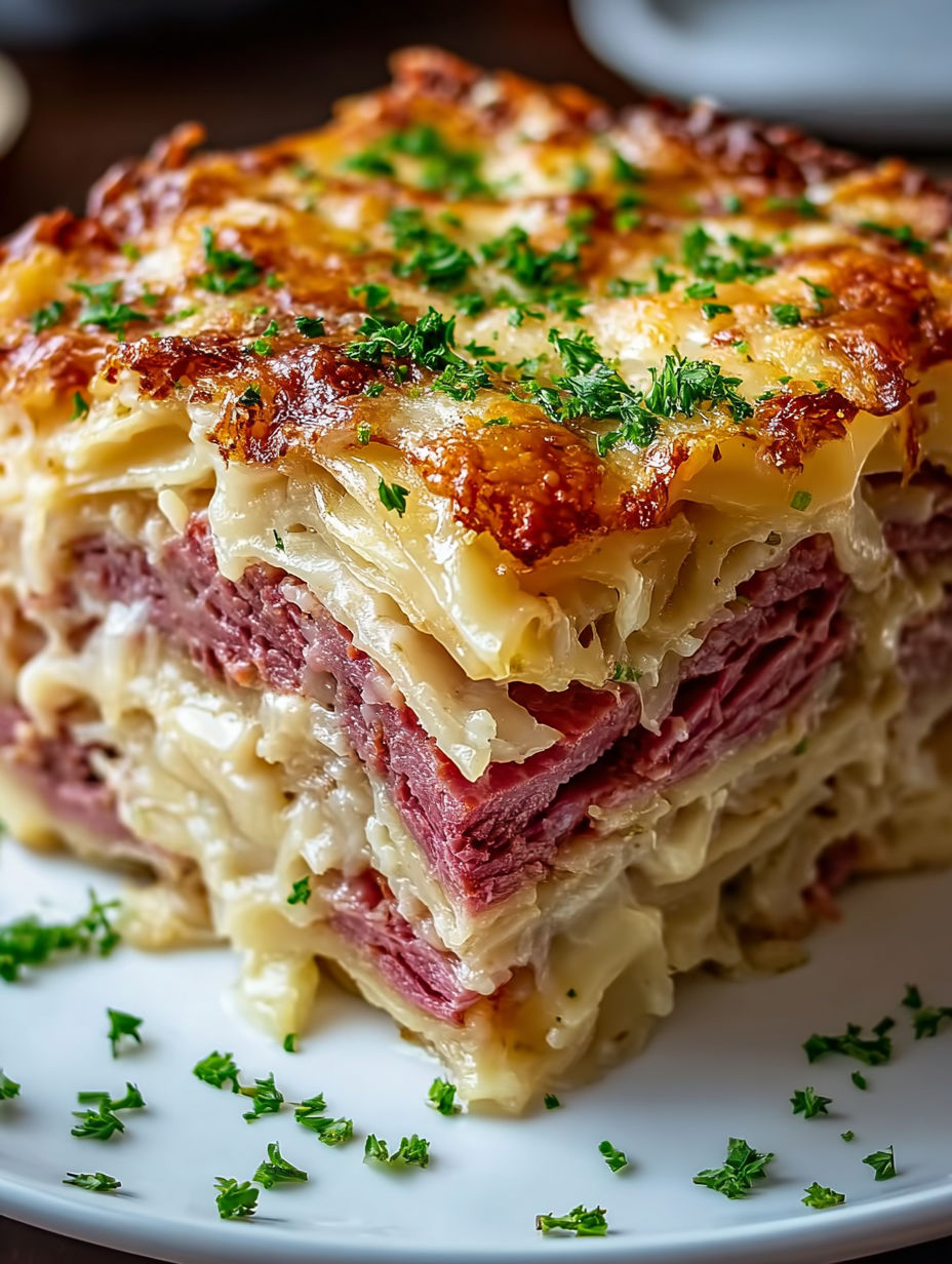 A homemade Reuben bake with a slice cut out.