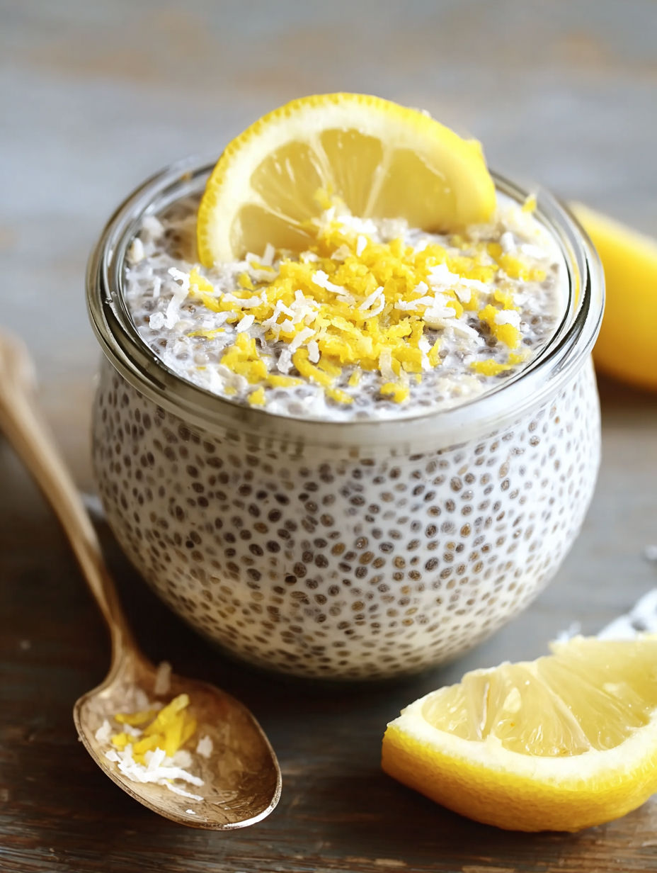 A bowl of lemon coconut chia seed pudding with a spoon and a lemon slice.
