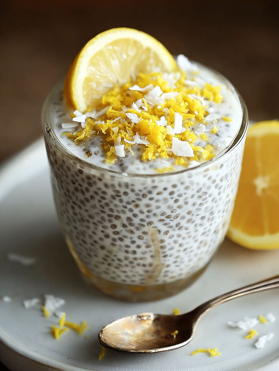 A glass of lemon coconut chia seed pudding.