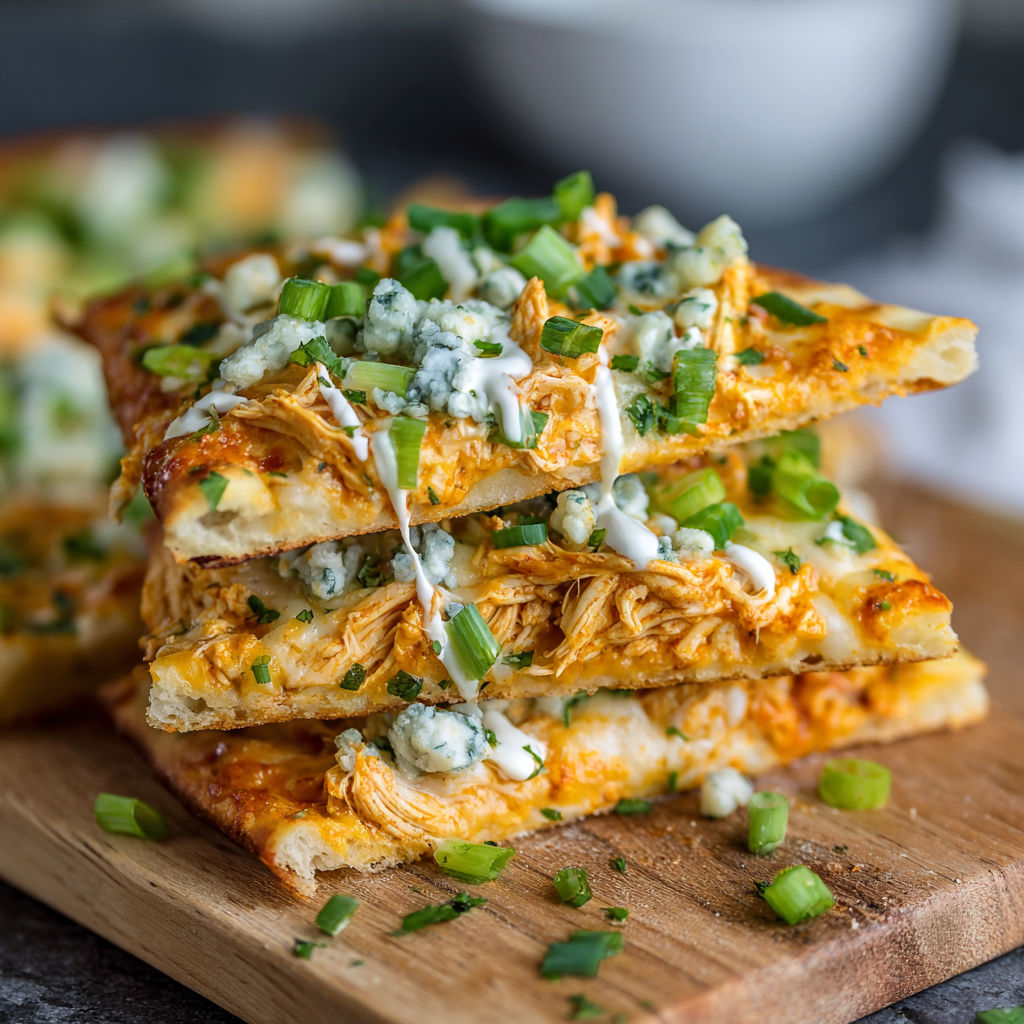 A stack of Buffalo Ranch Chicken Flatbread.