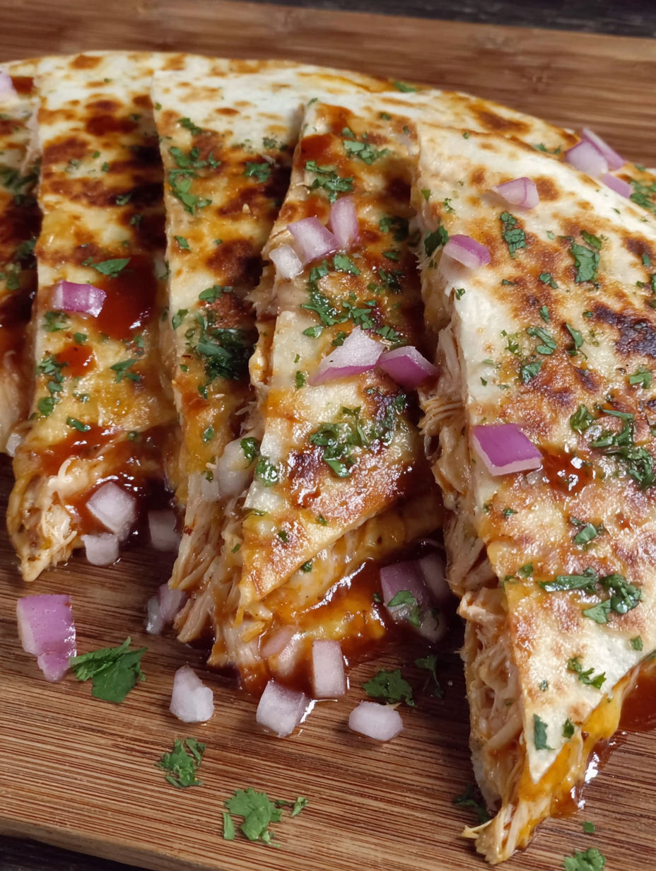 A plate of BBQ chicken quesadillas with red onion and cilantro.