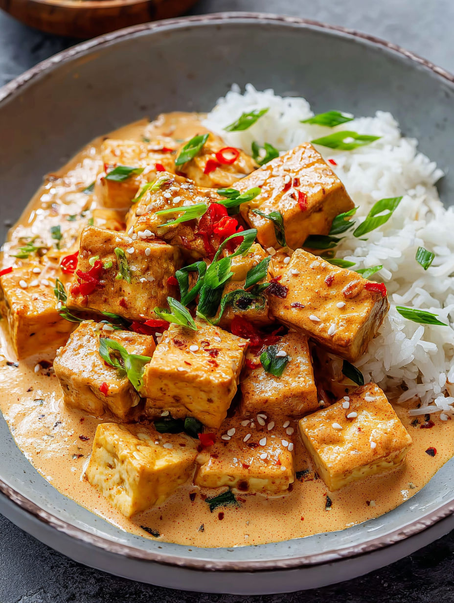 A bowl of spicy tofu with creamy coconut sauce.